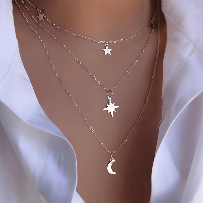 Multi-Layer Necklace with Star and Moon Pendants, Daily Wear